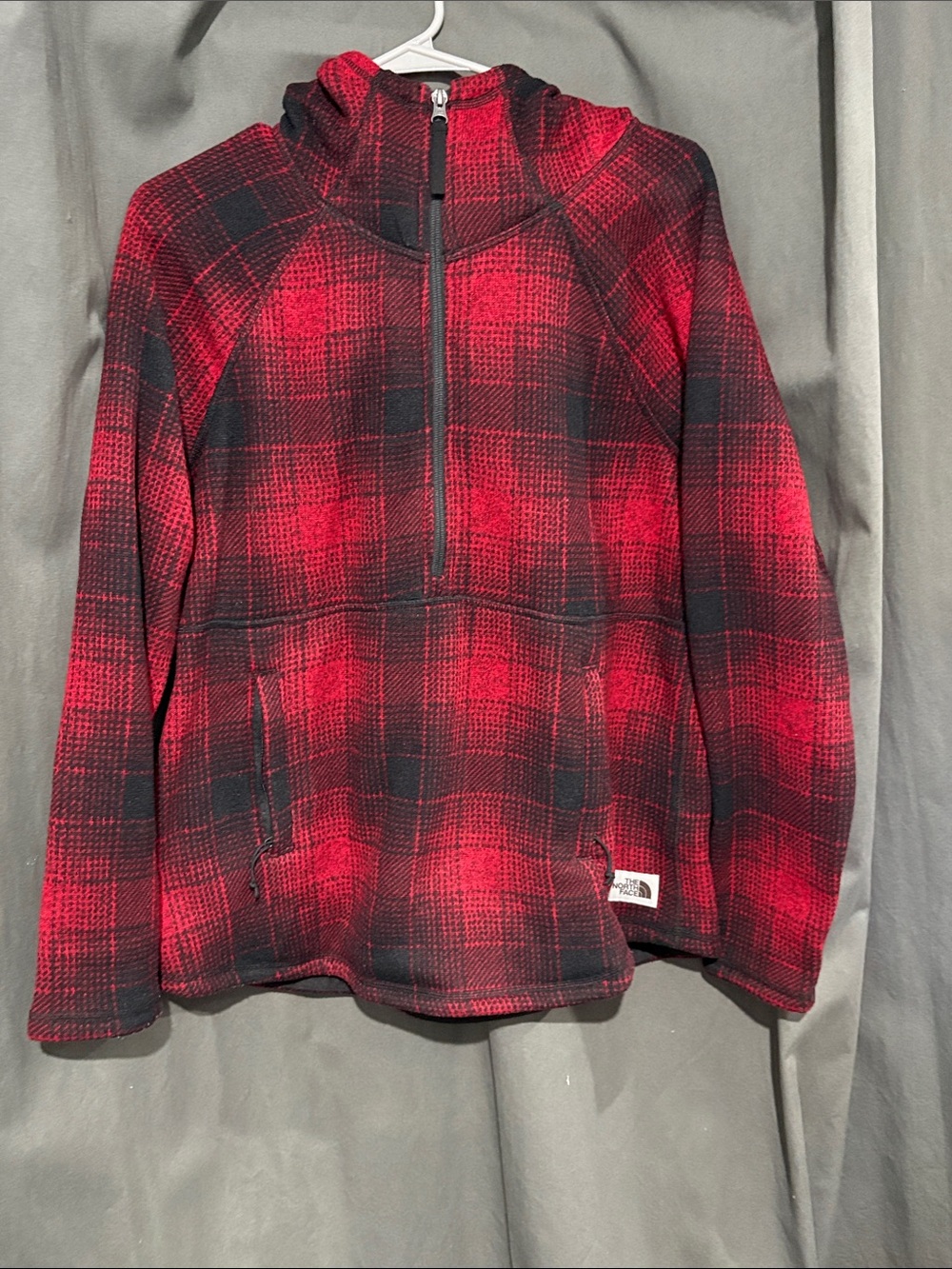 The North Face Red and Black Plaid Zip-Up Fleece Hoodie